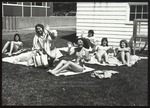 Six Student Sunbathers Wave at the Camera, Westbrook College, May 1985